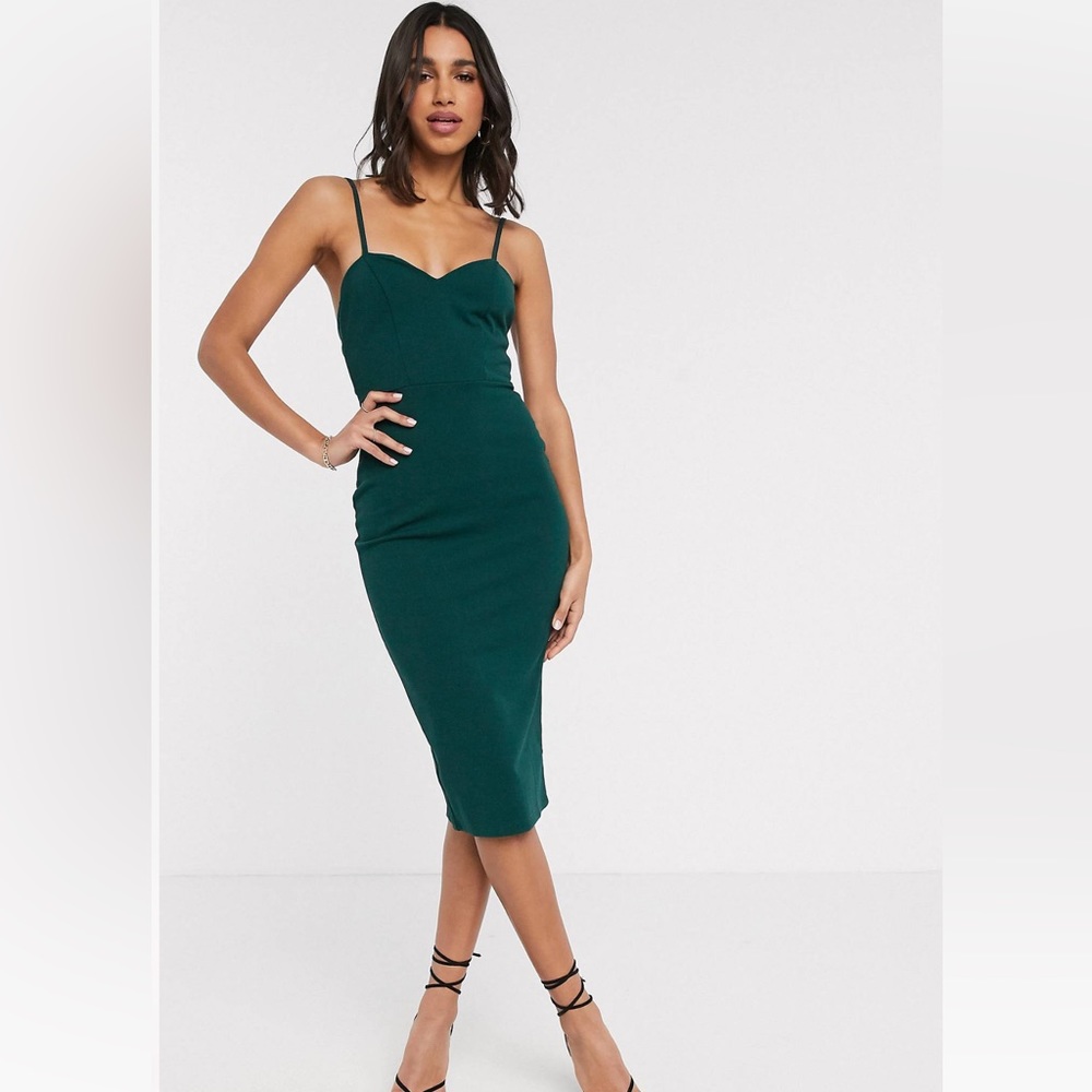 ASOS DESIGN tie waist cami midi dress. Us 6. Deep green. Worn once to a wedding.